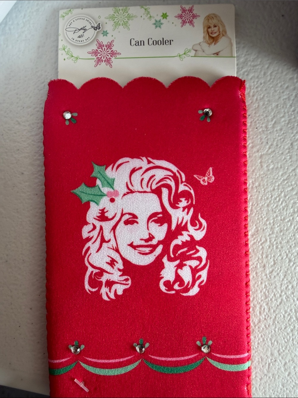 Dolly Parton Red Holiday Can Cooler with Decorative Print